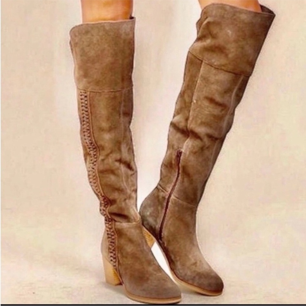 Matisse Over the Knee tan leather heeled boots sz 6 western braided cowgirl boho